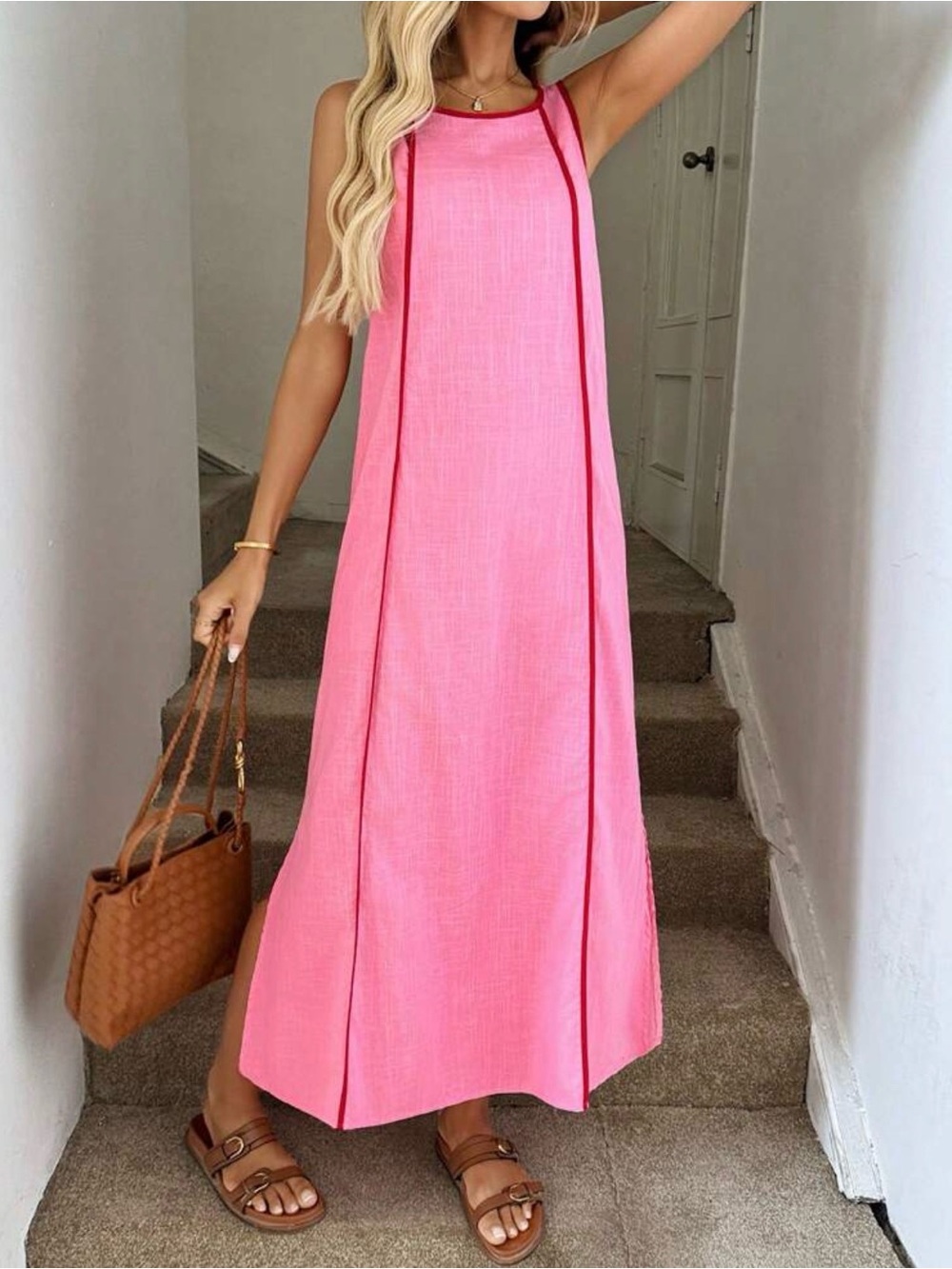 Women’s Sleeveless Pink Maxi Dress with Contrast Trim